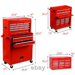 2 in 1 8-Drawer Tool Chest Steel Storage Cabinet Rolling Lockable Tool Box Red