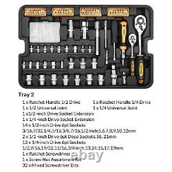 258PC Mechanic Tool Kit W- Rolling Box, Metric Tool Wrench Socket, Screwdriver