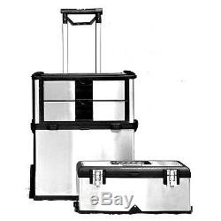 3 Box Rolling Travel Suitcase Toolbox Storage Steel Cabinet 2 Drawers Case Chest