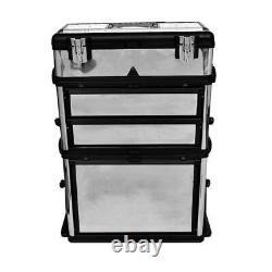 3-Part Silver Rolling Tool Box with 2 Wheels with 2-Drawer Compartment