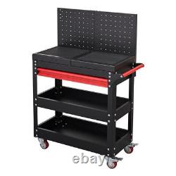3 Tier Rolling Tool Cart Lock Mechanic Cabinet Metal Storage with Wheels &Pegboard