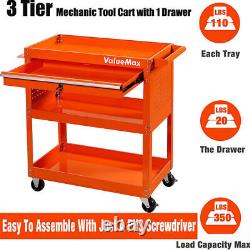 3 Tier Rolling Tool Cart, Utility Drawer Tool Cart with Wheels, 350 lbs Capacity