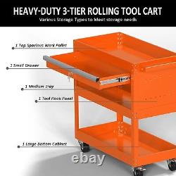 3-Tier Rolling Tool Cart on Wheels Metal Mechanic Tool Chest with Locked Drawer