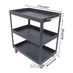 3-Tray Large Capacity Utility Tool Cart Heavy-Duty Rolling Storage Trolley Black