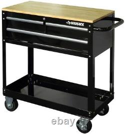 36 in. 3-Drawer Rolling Tool Cart with Solid Wood Top Work Surface Black Husky