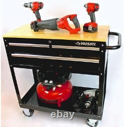 36 in. 3-Drawer Rolling Tool Cart with Solid Wood Top Work Surface Black Husky