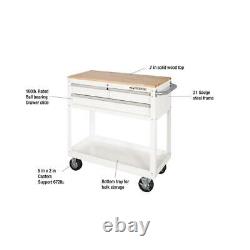 36 in. 3-Drawer Solid Wood Top In Gloss White Utility Tool Cart Rolling Cabinet