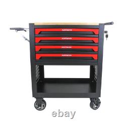 4 Drawers Rolling Tool Box Cart Tool Storage Cabinet Steel Tool Chest Wooden Top