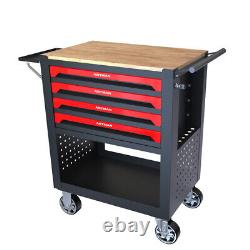 4 Drawers Rolling Tool Box Cart Tool Storage Cabinet Steel Tool Chest Wooden Top