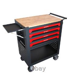 4 Drawers Rolling Tool Box Cart Tool Storage Cabinet Steel Tool Chest Wooden Top