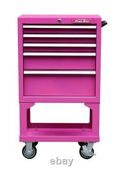 5-Drawer 26 Wide Pink18G Steel Rolling Cabinet withBulk Storage Lift Latch Pulls