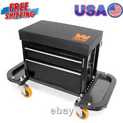 Garage Glider Rolling Tool Chest Seat withStorage Pouch Drawer Shop Mechanic Stool