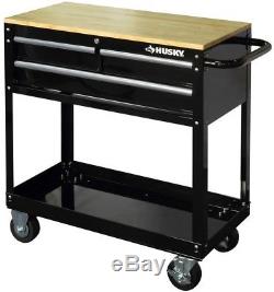 Husky Rolling Tool Cart 3 Drawer Solid Wood Top 36 in. Utility Storage Black