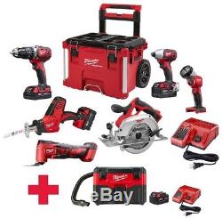 Milwaukee M18 Combo Kit (7-Tool) 4-Batteries Charger PACKOUT Rolling Tool Box