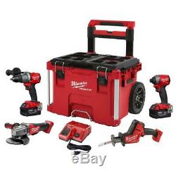 Milwaukee M18 FUEL Combo Kit 4-Tool Two 5 Ah Batteries PACKOUT Rolling Tool Box