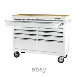 Mobile Storage Cabinet With Solid Wood Top 9 Drawer Steel Rolling Tool Box White