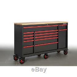 Mobile Tool Chest Workstation Bench Cabinet Wood Top 65in Rolling Garage Storage