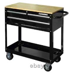 NEW HUSKY Black Rolling Tool Cart 36 3-Drawer With Wood Top Push-Bar Side Handle