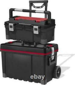 Portable Rolling Tool 2 Box Wheel Cart Part Organizer Two Storage Bin Chest Kit