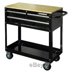 Rolling Tool Cart Black Wood Top 3 Drawer Shelf Workbench 36 Storage Organizer