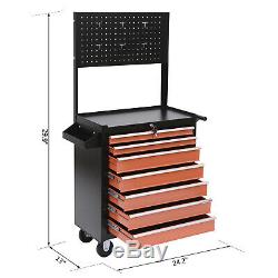 Rolling Tool Chest Storage Cabinet Organizer 7 Locking Drawer Store Black/Orange