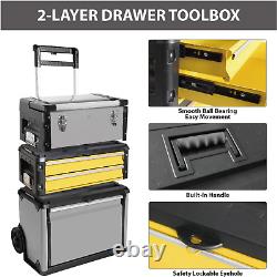 Stackable Rolling Tool Box Portable Metal Toolbox Organizer with Wheels and 2 Dr