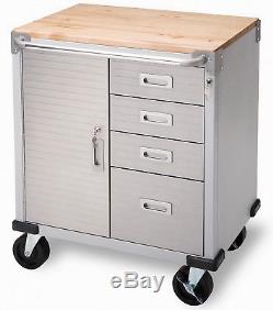 Stainless Steel 4 Drawer Rolling Tool Chest Box Toolbox Cabinet Wood Top