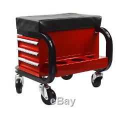 Three Drawer Work Seat Chair Bench Toolbox Rolling Bin Storage Organizer Cart