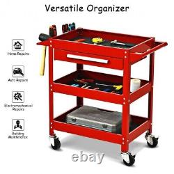 Three Tray Rolling Tool Cart Garage Cabinet Storage Organizer Cart With Drawer Red
