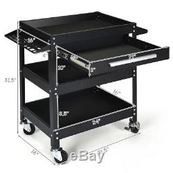 Three Tray Rolling Tool Cart Mechanic Cabinet Storage Organizer withDrawer Black