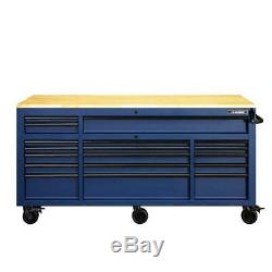 Tool Chest Work Bench Cabinet Adjustable Wood Top 72 in Rolling Garage BLUE