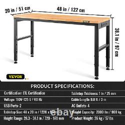 VEVOR 48x20 Height Workbench Oak Plank 28.3-38.1 Range with Power Outlets