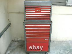 Vintage Craftsman Red and Gray Rolling Tool Box Top And Bottom 15 Drawers -65282